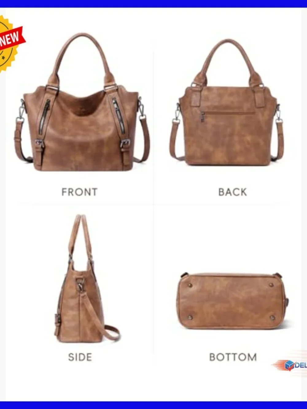 Large Vegan Leather Hobo Tote with Adjustable Strap, Multiple Pockets